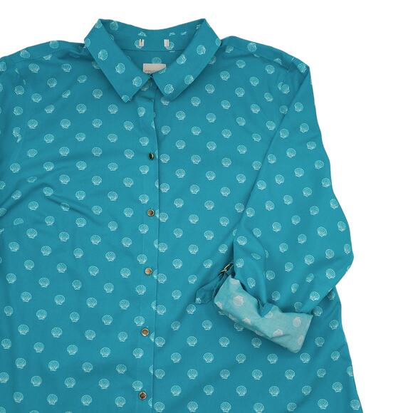 Chicos Blouse Womens 2 Large Tab Sleeve No Iron Hardware Seashell Button Blue - Picture 6 of 13
